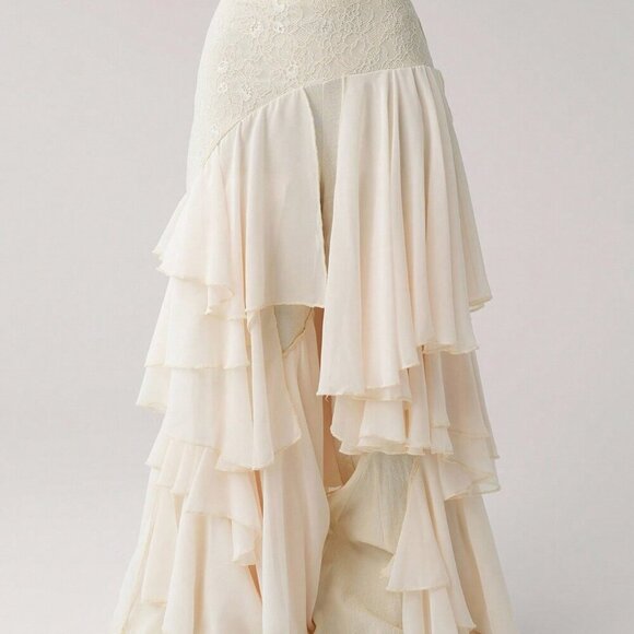 Beige Asymmetrical Party Women's Chiffon Ruffle Patchwork Loose Hem Pants - Picture 2 of 6